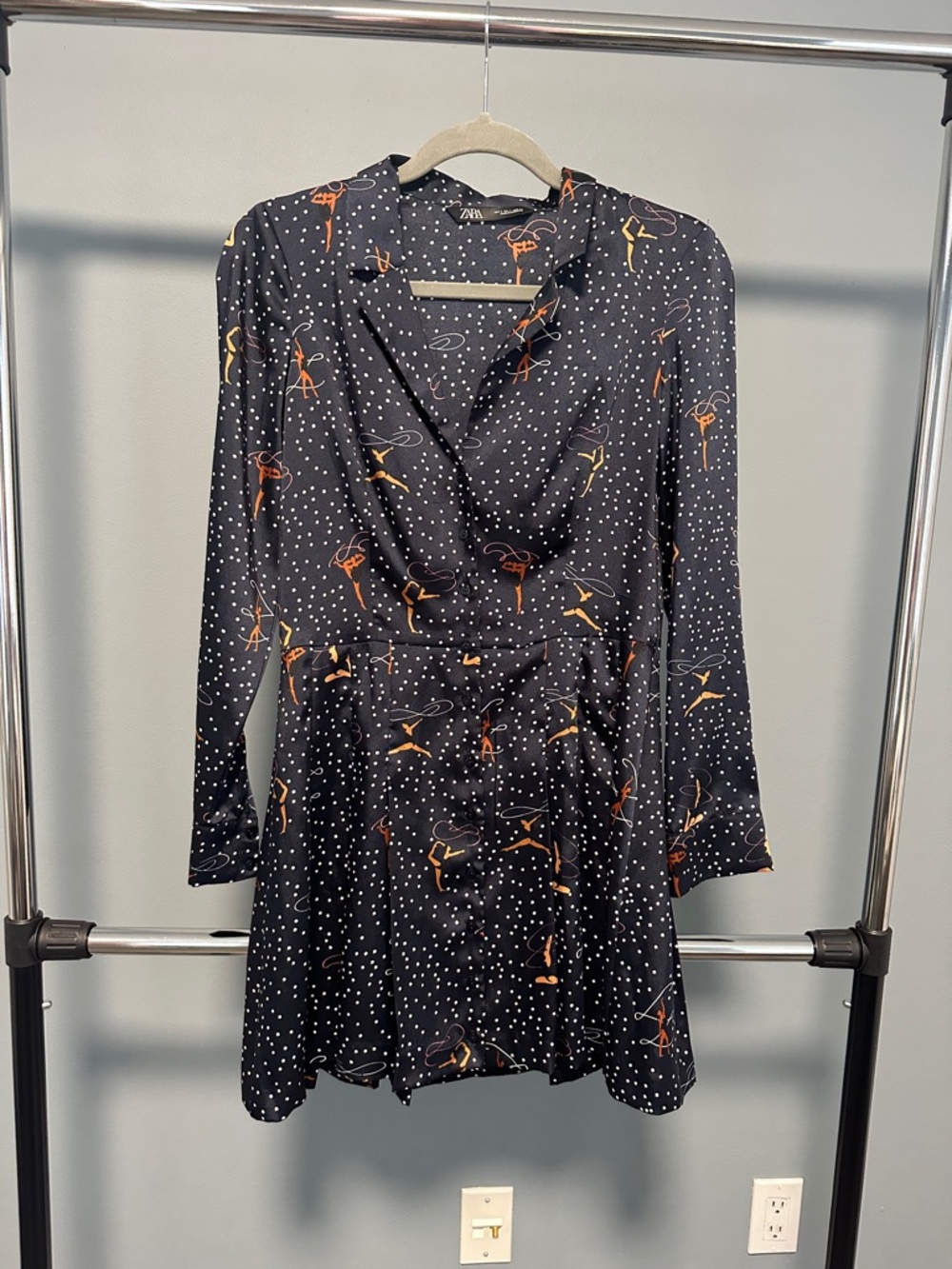 Zara Navy Blue Printed Long Sleeve Satin Effect Mini Dress – Size S – Like New